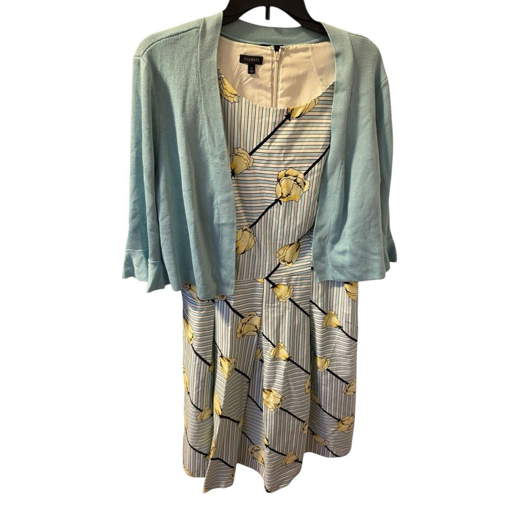 Talbots Crisp Tulip Sleeveless Fit  Flare Dress Stripe 14 W/ Blue Sweater Size L